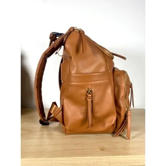 Omanmoli Brown Vegan Leather Diaper Backpack Multi Pocket Baby Bag